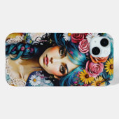 女性の顔とバラとデイジーの水色 Case-Mate iPhoneケース (裏面 (横))