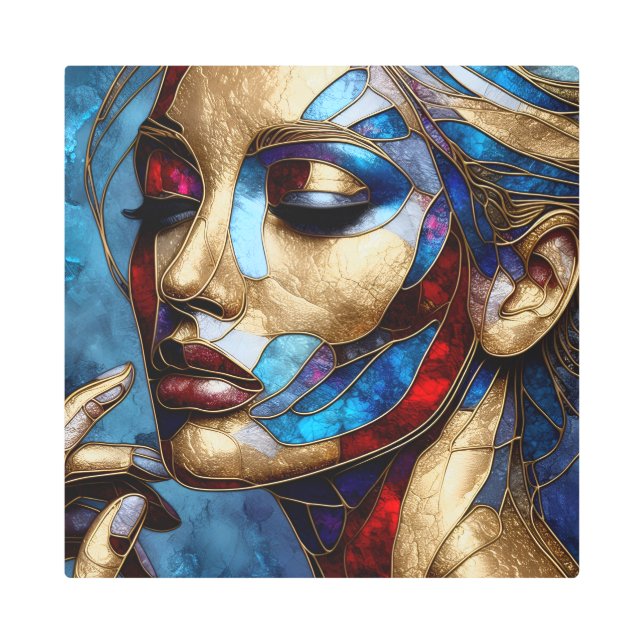 女性の顔のステンドグラスの抽象芸術アート メタルプリント (正面)