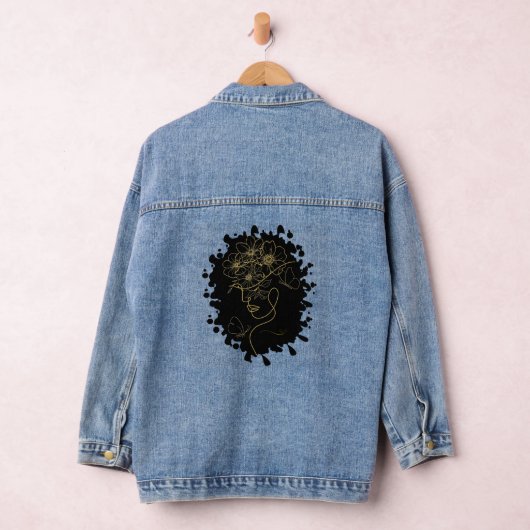 女性の顔金ゴールドのアウトライン(フローラアクセント付) デニムジャケット (ハンガー)