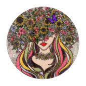 女性の顔，花と蝶，芸術 カッティングボード (正面)