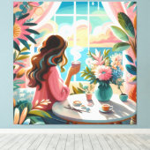 女性の飲酒コーヒー キャンバスプリント (インサイチュ (ウッドフロア))