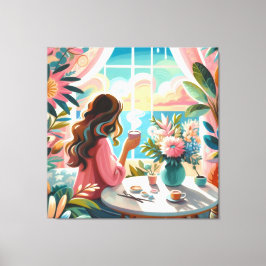 女性の飲酒コーヒー キャンバスプリント