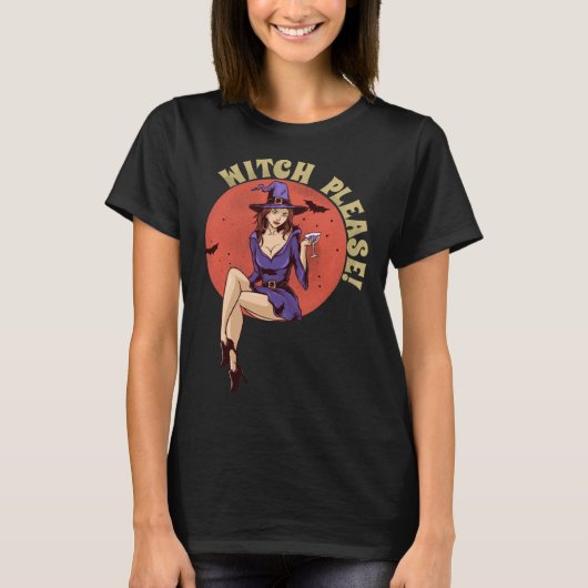 女性の魔女お願いハットハロウィーングラフィックティー Tシャツ (正面)