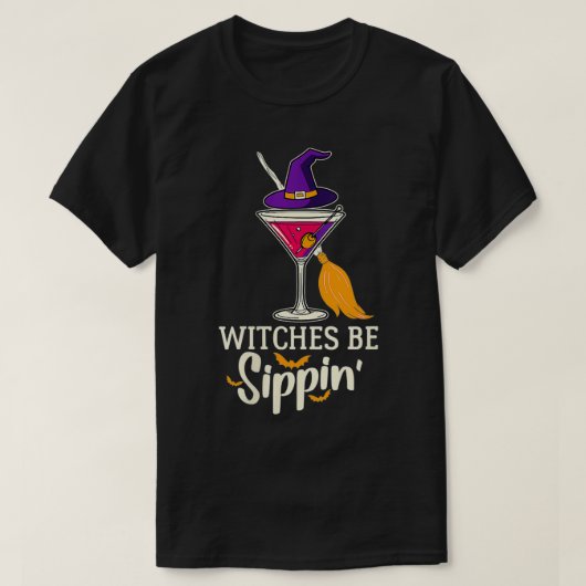 女性の魔女はホロおもしろいーウィンを飲む Tシャツ (デザイン正面)