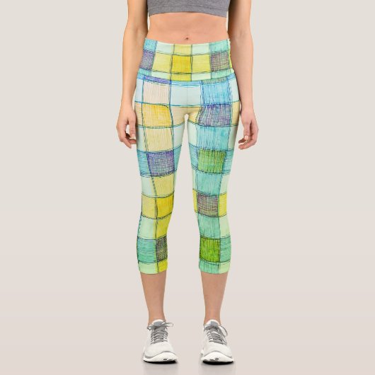 女性の黄色、青、緑のギンガムカプリレギンス カプリレギンス (正面)