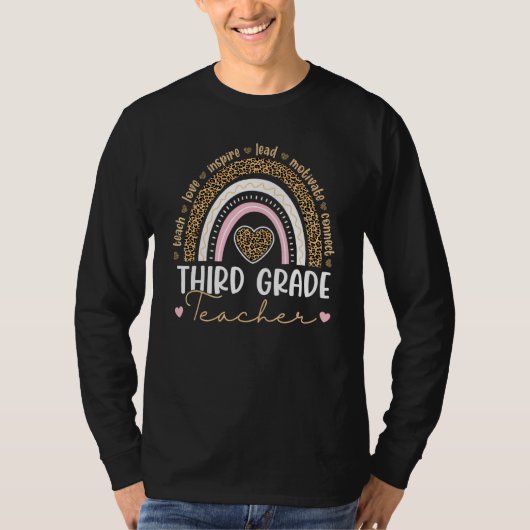 女性の3年生の先生 ヒョウ柄 レインボー バックトゥー Tシャツ (正面)