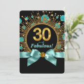 女性の30歳の誕生日 ターコイズブルーとゴールドのラメ 招待状 (スタンド正面)