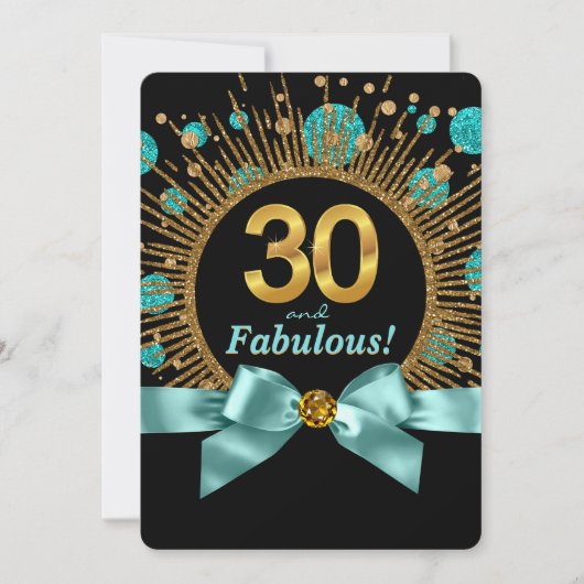 女性の30歳の誕生日 ターコイズブルーとゴールドのラメ 招待状 (正面)