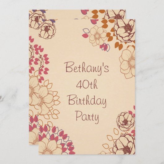 女性の40歳の誕生日かわいいモダンフローラ 招待状 (正面/裏面)