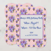 女性の40歳 ピンクの花の誕生日 招待状 (正面/裏面)