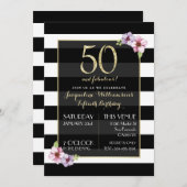 女性の50及びすばらしい|のモダンの花柄は縞で飾ります 招待状 (正面/裏面)