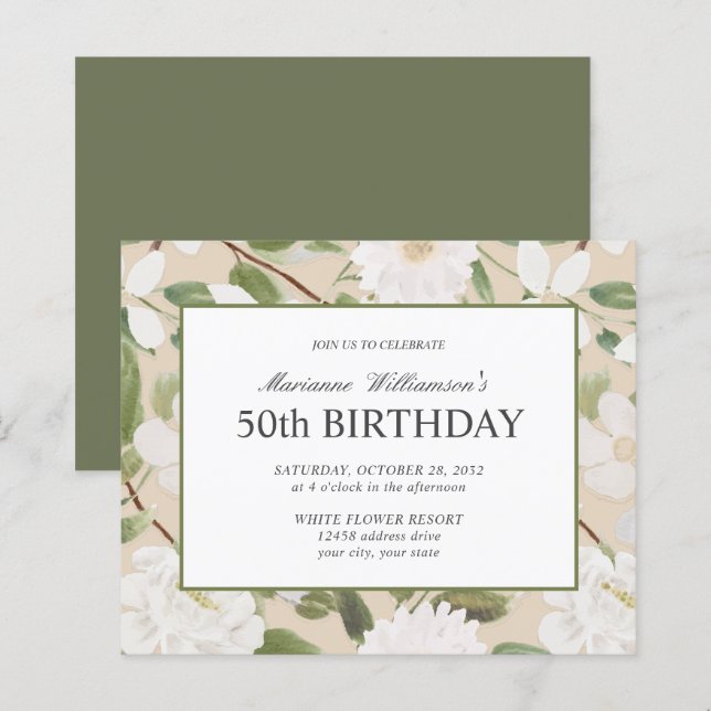 女性の50歳の誕生日 白い花 エボリー (正面/裏面)
