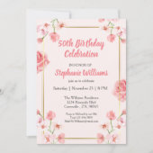 女性の50歳誕生日 ピンクの花 ゴールドの縁 招待状 (正面)