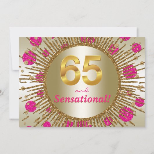 女性の65歳の誕生日パーティーフクシアピンクゴールド 招待状 (正面)