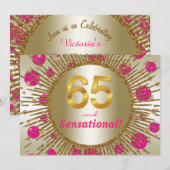 女性の65歳の誕生日パーティーフクシアピンクゴールド 招待状 (正面/裏面)