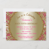 女性の65歳の誕生日パーティー フクシアピンクゴールド 招待状 (裏面)