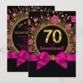 女性の70歳の誕生日パーティーホットピンクとゴールド 招待状 (正面/裏面)
