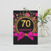 女性の70歳の誕生日パーティーホットピンクとゴールド 招待状 (スタンド正面)