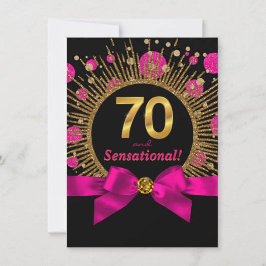 女性の70歳の誕生日パーティーホットピンクとゴールド 招待状 (正面)