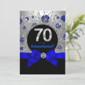 女性の70歳の誕生日パーティーロイヤルブルーとシルバー 招待状 (スタンド正面)