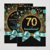 女性の70歳の誕生日パーティー ティールブルーとゴールド 招待状 (正面/裏面)