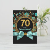 女性の70歳の誕生日パーティー ティールブルーとゴールド 招待状 (スタンド正面)