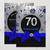 女性の70歳誕生日パーティー ロイヤルブルーとシルバー 招待状 (正面/裏面)