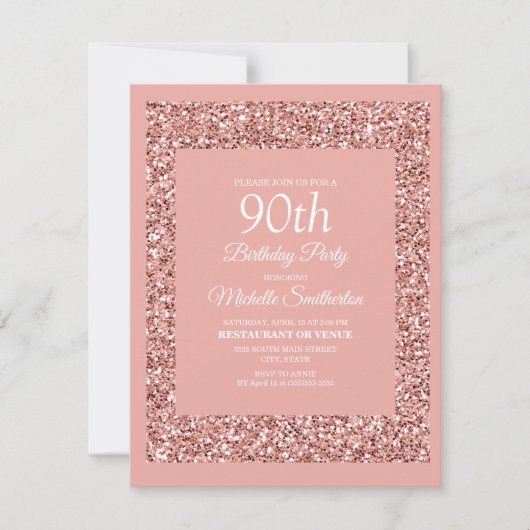 女性の90歳の誕生日を祝うピンクのラメ カード (正面)
