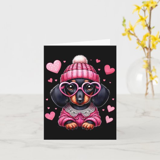 女性の かわいい ダックスフンド バレンタイン ハート 犬好き カード (黄色い花)