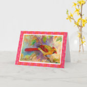 女性の（鳥）ショウジョウコウカンチョウのブランクのメッセージカード カード (黄色い花)