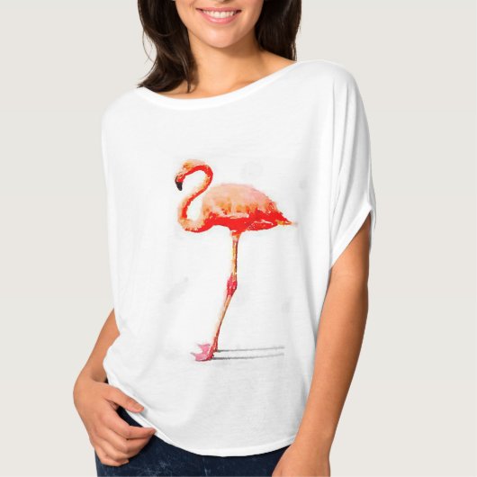女性のFlowyの上: ピンクのフラミンゴの水彩画 Tシャツ (正面)