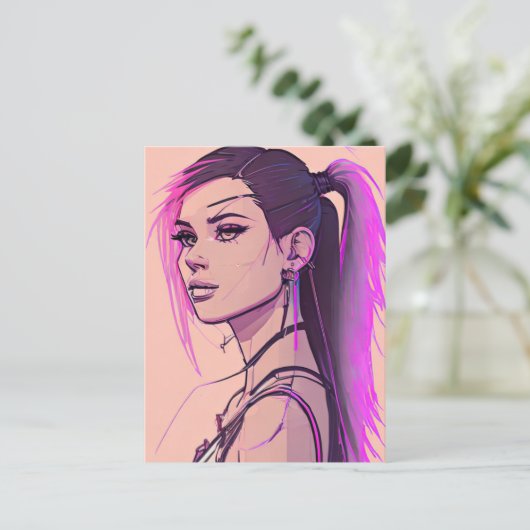 女性のsynthwave-punkはがき ポストカード (スタンド正面)