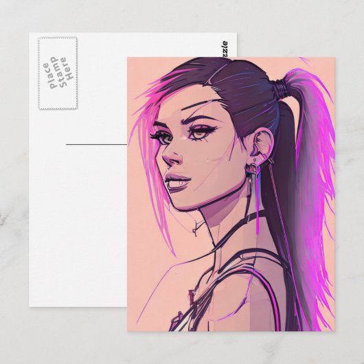 女性のsynthwave-punkはがき ポストカード (正面/裏面)