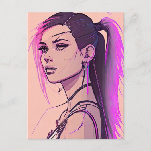 女性のsynthwave-punkはがき ポストカード (正面)