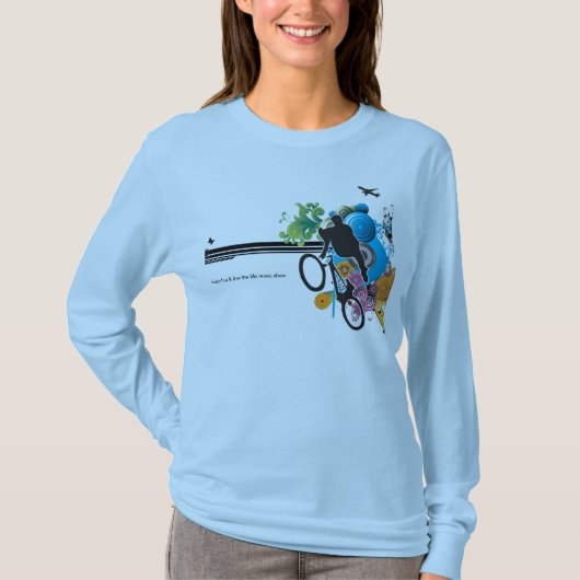 女性のTシャツ-おもしろいを作って下さい及び生命音楽住んで下さい Tシャツ (正面)