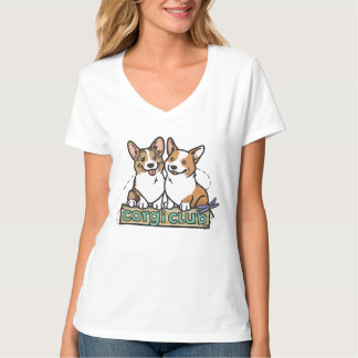 女性のV首のコーギークラブTシャツ Tシャツ