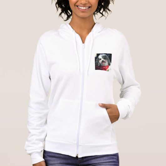 女性はフード付きスウェットシャツ、かわいい犬の写真K Ceeのファスナーを締めます パーカ (正面)