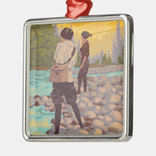 女性は魚釣り-イエローストーン国立公園--を飛ばします メタルオーナメント (左)
