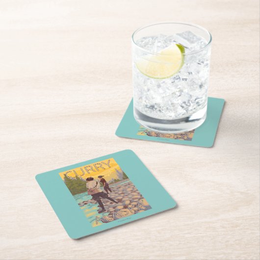 女性は魚釣り-カレー、アラスカ--を飛ばします スクエアペーパーコースター (インサイチュ)