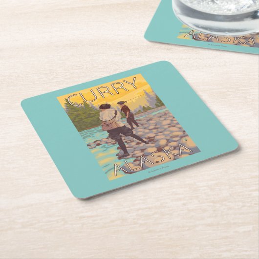 女性は魚釣り-カレー、アラスカ--を飛ばします スクエアペーパーコースター (アングル)