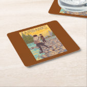 女性は魚釣り-フェアバンクス、アラスカ--を飛ばします スクエアペーパーコースター (アングル)