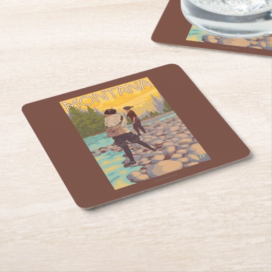 女性は魚釣り-モンタナ--を飛ばします スクエアペーパーコースター (アングル)