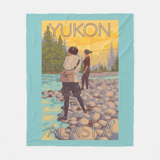 女性は魚釣り-ユーコン準州、アラスカ--を飛ばします フリースブランケット (正面)