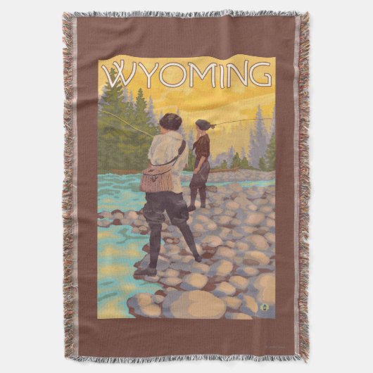 女性は魚釣り-ワイオミング--を飛ばします スローブランケット (正面縦)