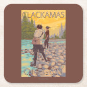 女性は魚釣り- Clackamas、オレゴン--を飛ばします スクエアペーパーコースター (正面)