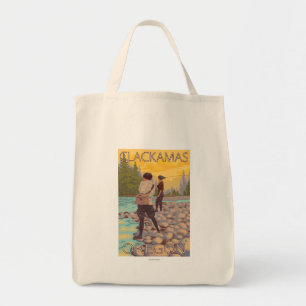 女性は魚釣り- Clackamas、オレゴン--を飛ばします トートバッグ