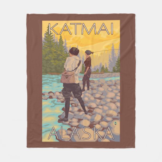 女性は魚釣り- Katmai、アラスカ--を飛ばします フリースブランケット (正面)