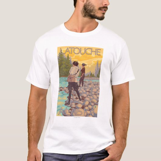 女性は魚釣り- Latouche、アラスカ--を飛ばします Tシャツ (正面)