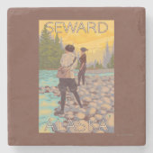 女性は魚釣り- Seward、アラスカ--を飛ばします ストーンコースター (正面)