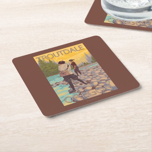 女性は魚釣り- Troutdale、オレゴン--を飛ばします スクエアペーパーコースター (アングル)